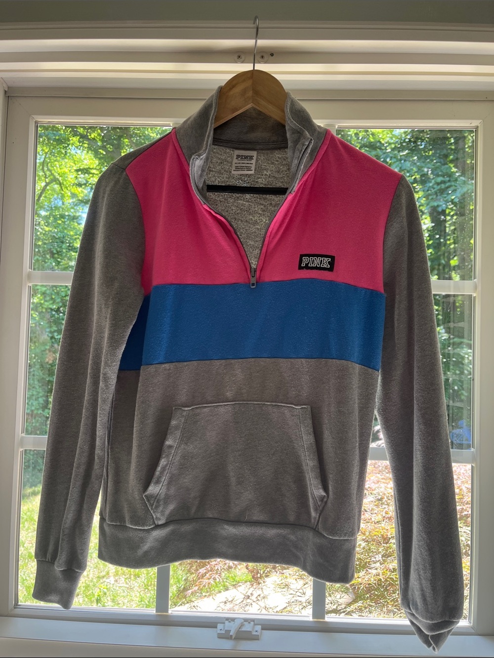 PINK Gray Fleece Quarter-Zip with Pink & Blue Panels